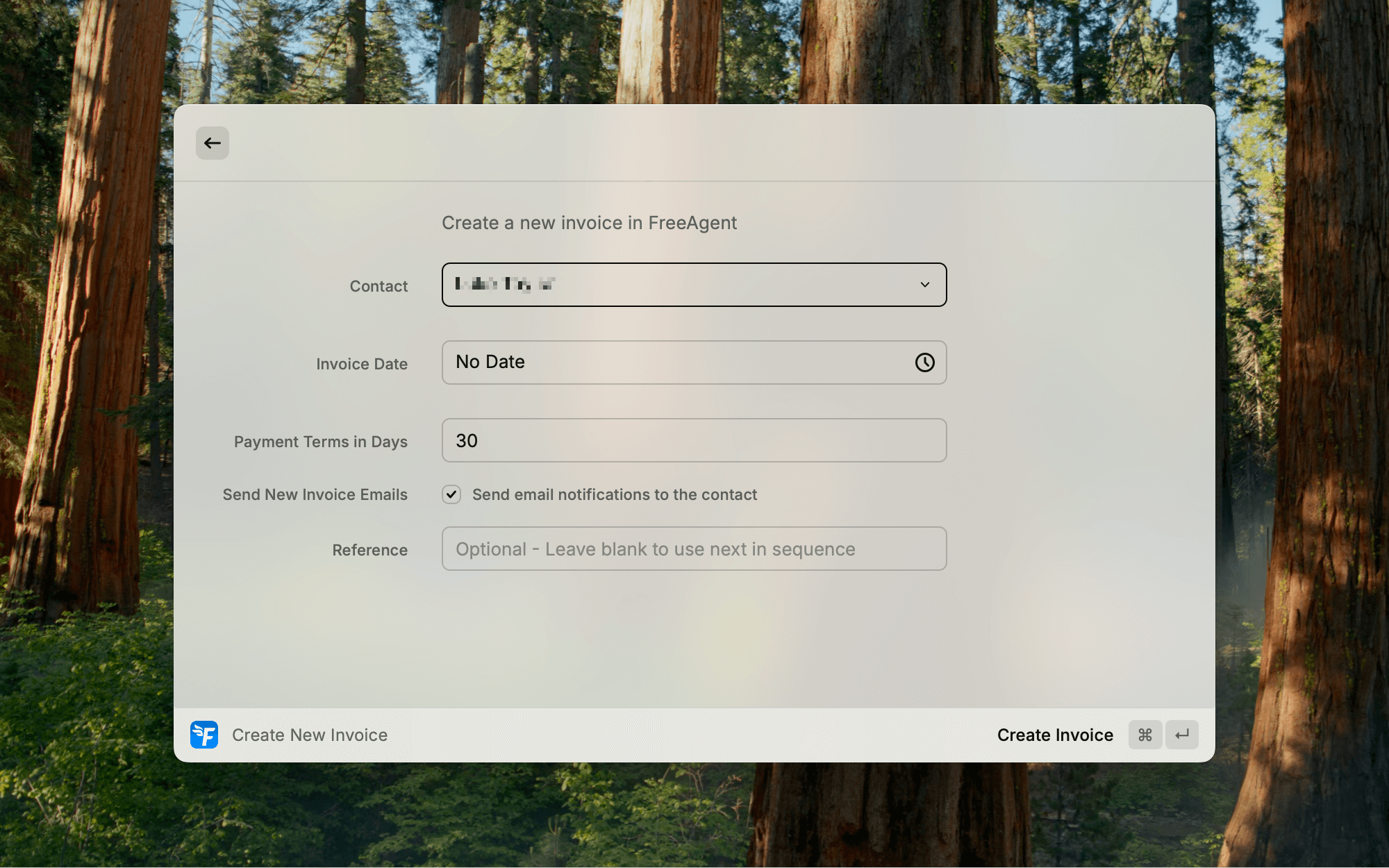 Create New Invoice form in Raycast with contact and payment terms