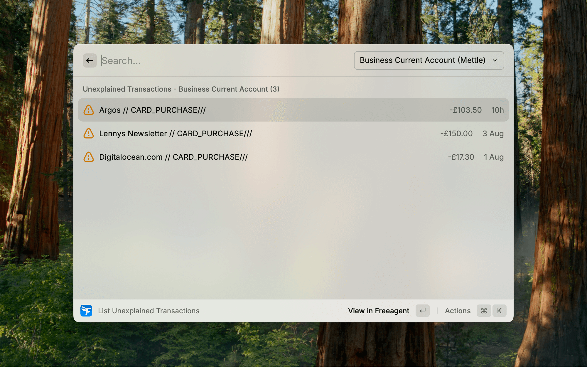 Unexplained Transactions list showing bank transactions needing categorization
