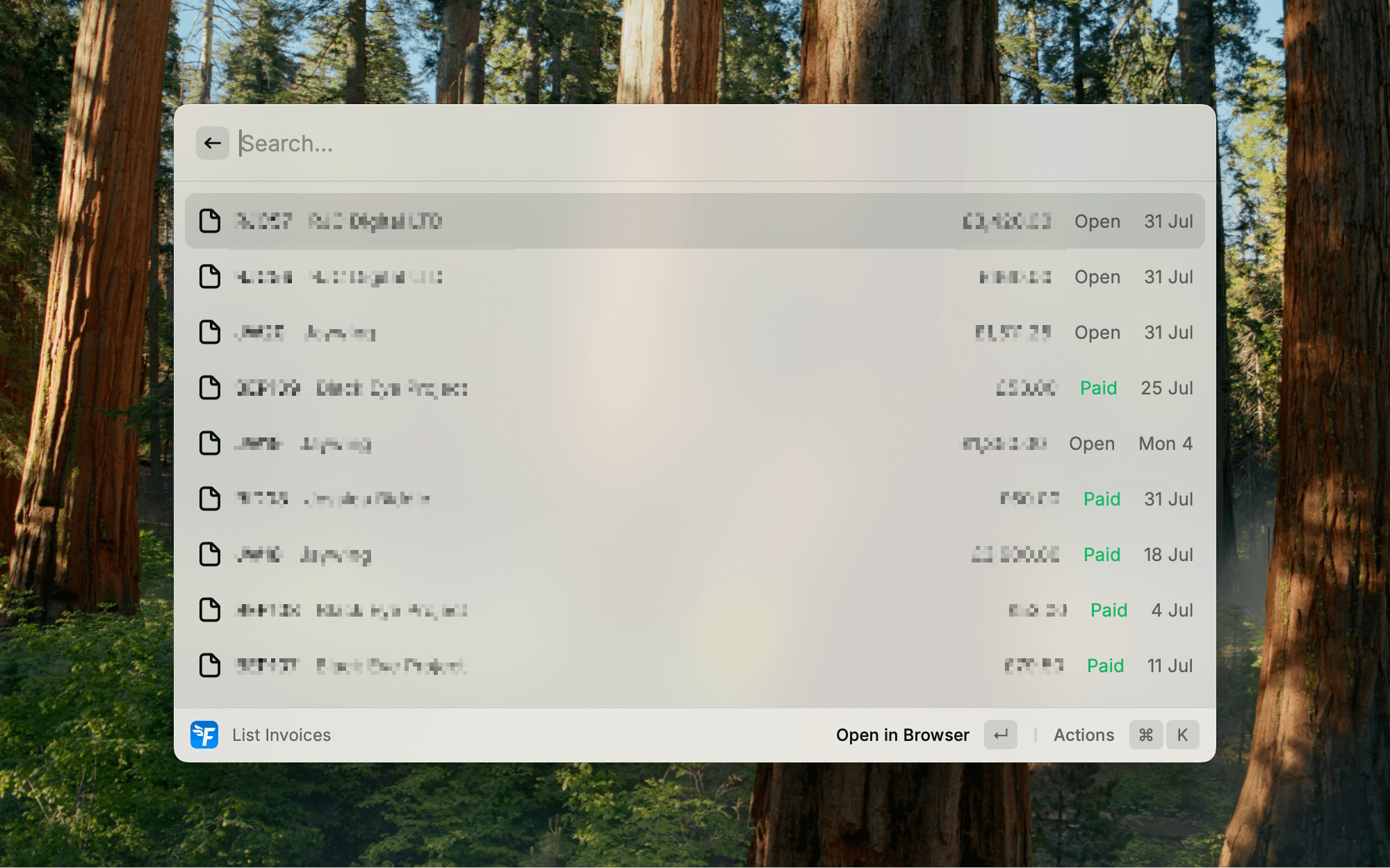 Invoice list showing client invoices with payment status and amounts